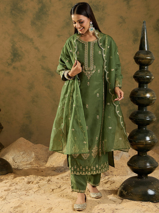 Indo Era Green Embroidered Straight Kurta Trousers With Dupatta set