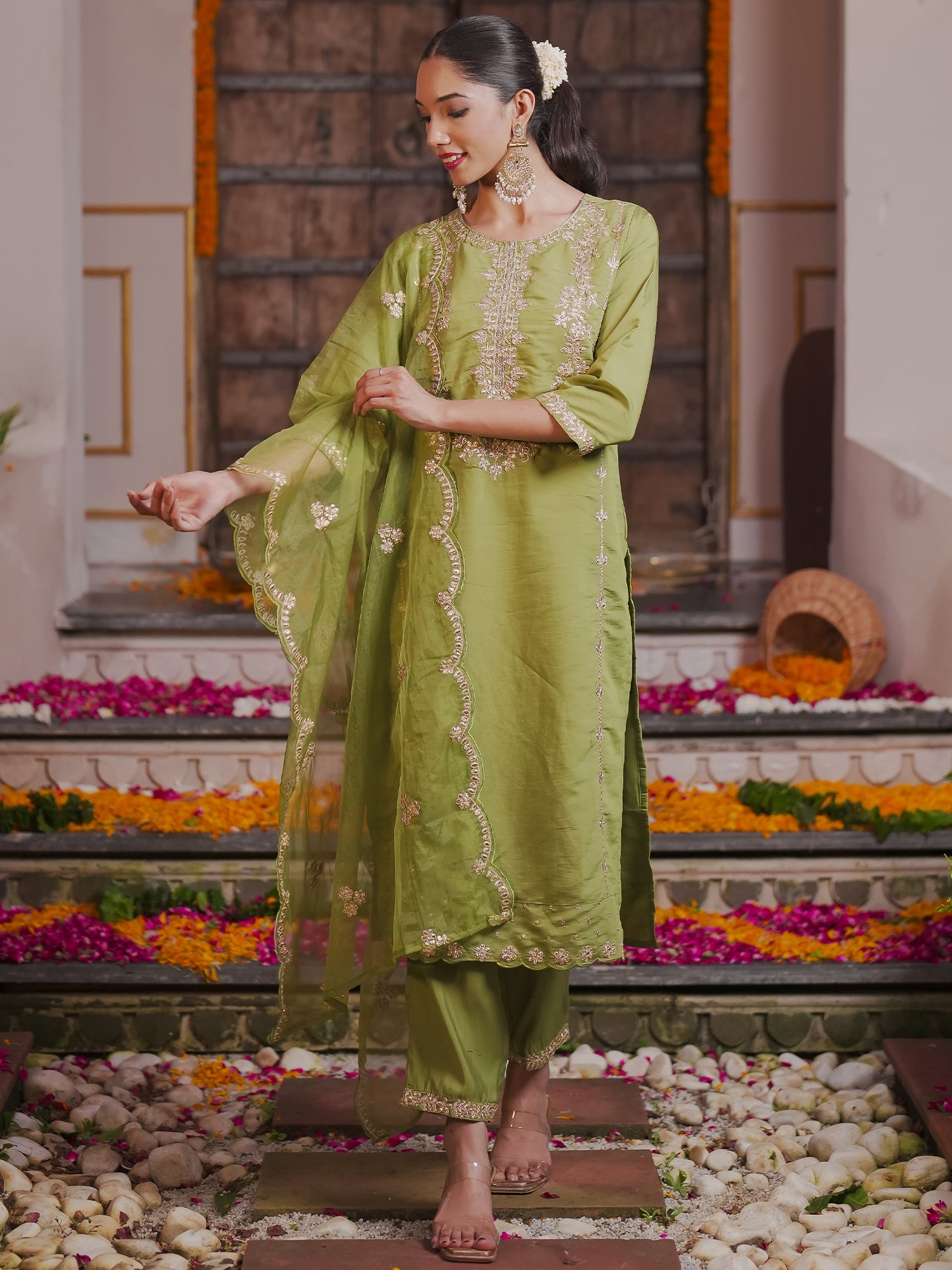 Indo Era Green embroidered Kurta with Trousers with dupatta