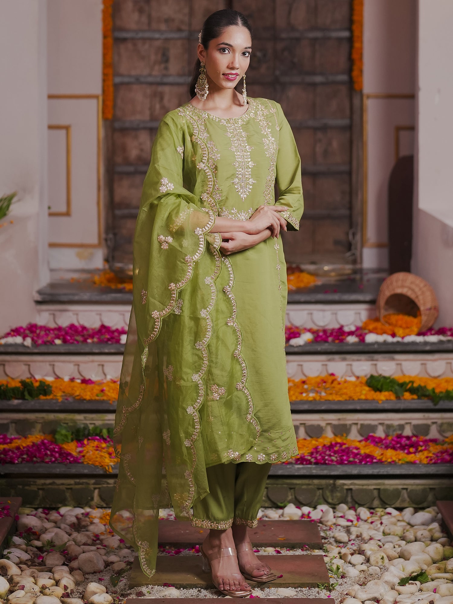 Indo Era Green embroidered Kurta with Trousers with dupatta