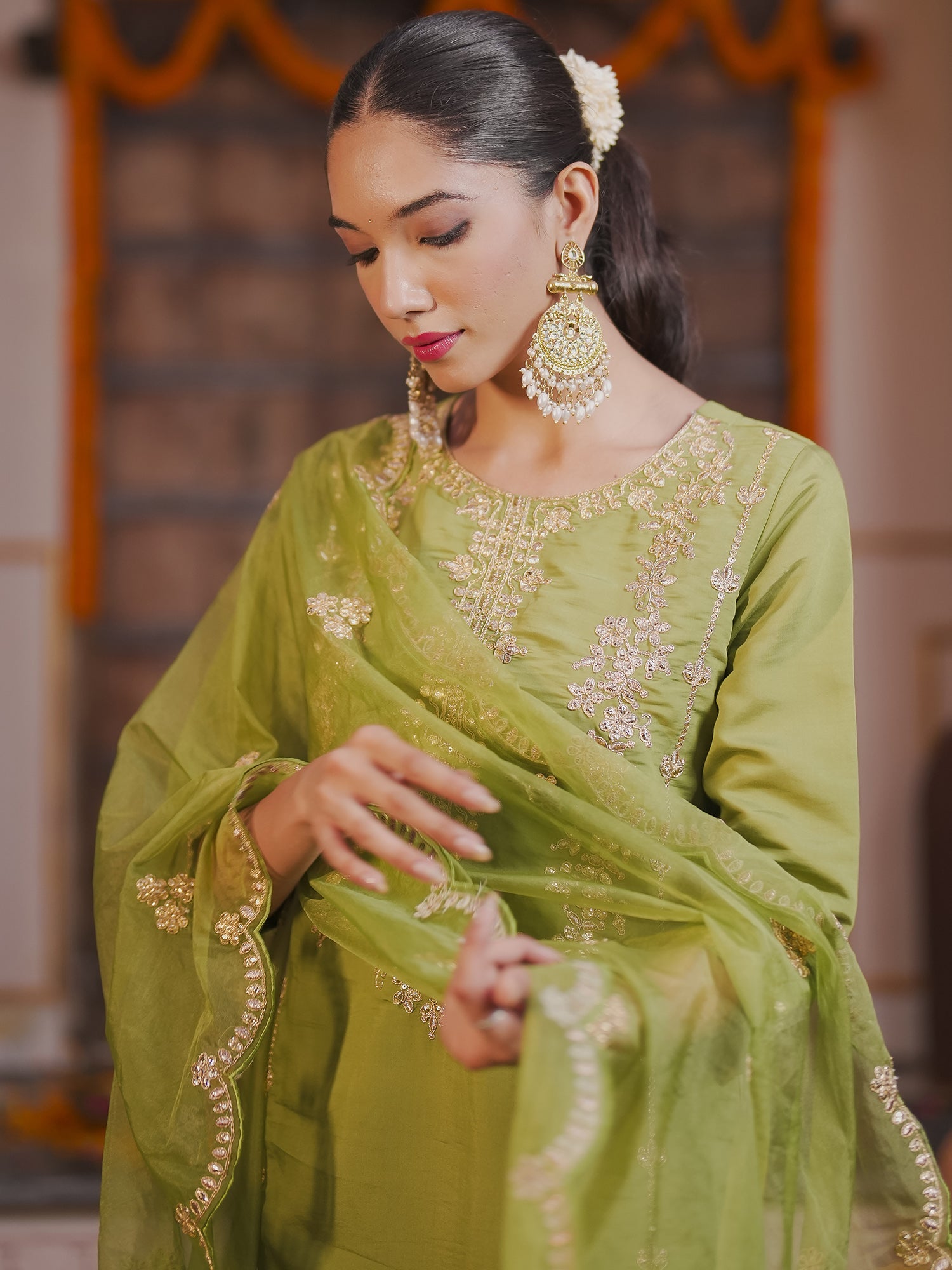 Indo Era Green embroidered Kurta with Trousers with dupatta