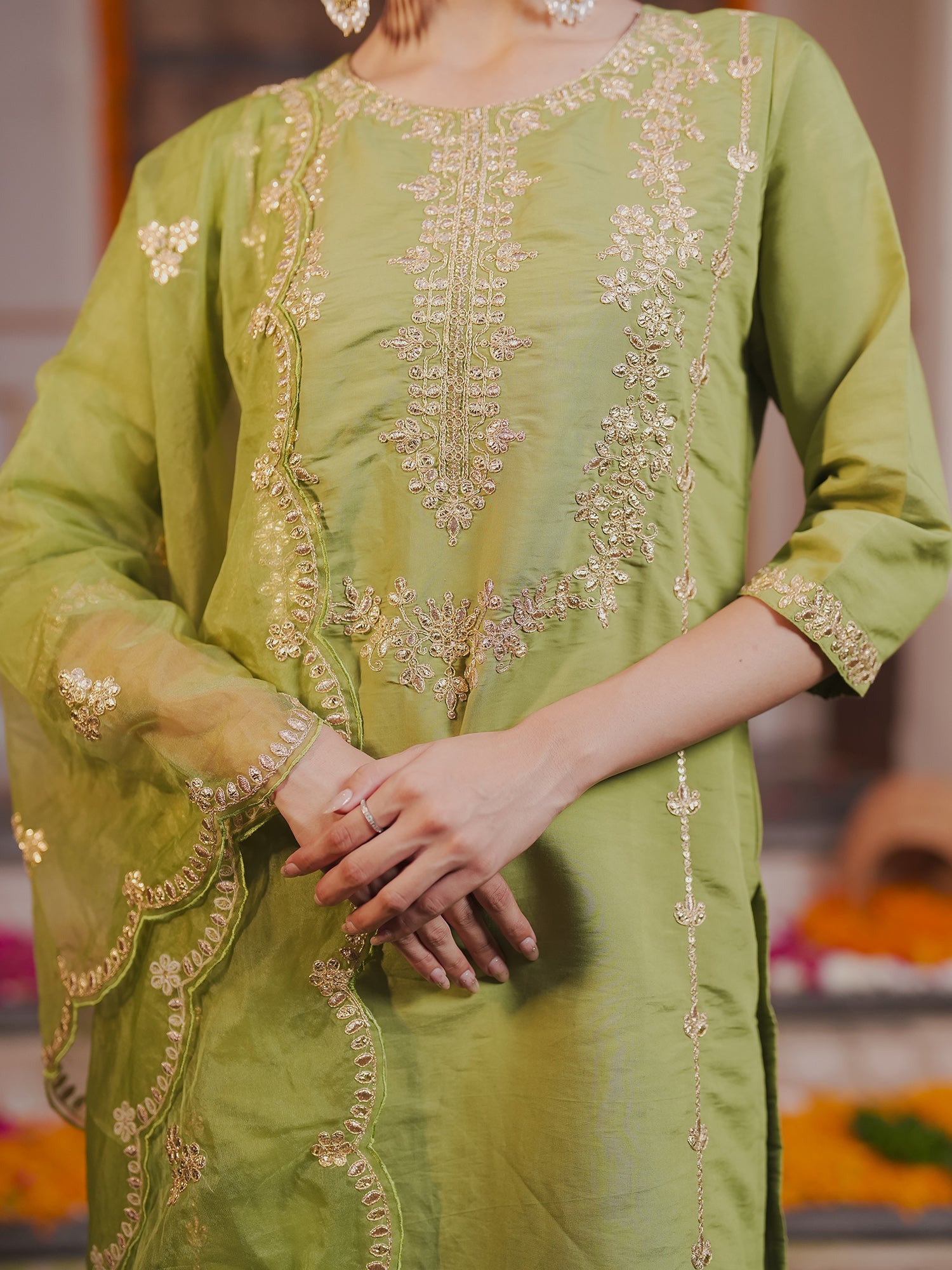 Indo Era Green embroidered Kurta with Trousers with dupatta