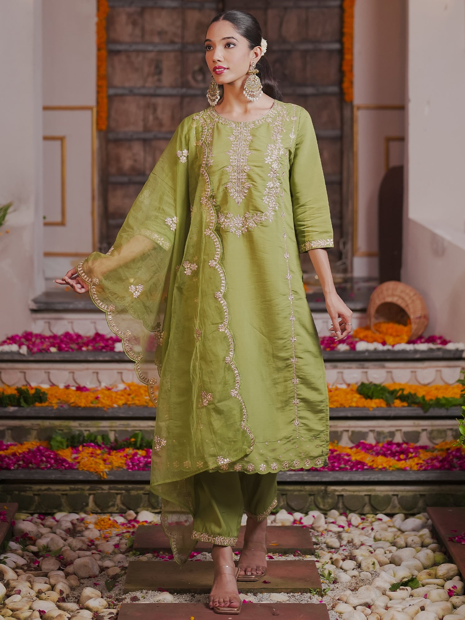 Indo Era Green embroidered Kurta with Trousers with dupatta