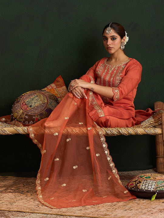 Indo Era Rust Embroidered Straight Kurta Trousers With Dupatta set
