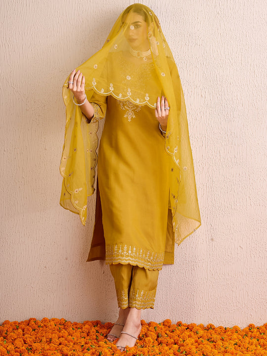 Indo Era Mustard Embroidered Straight Kurta Trousers With Dupatta set