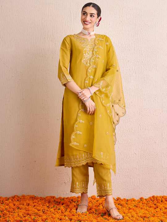 Indo Era Mustard Embroidered Straight Kurta Trousers With Dupatta set
