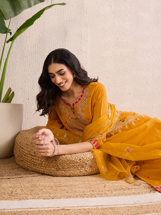 Indo Era Mustard Embroidered Straight Kurta Trousers With Dupatta set