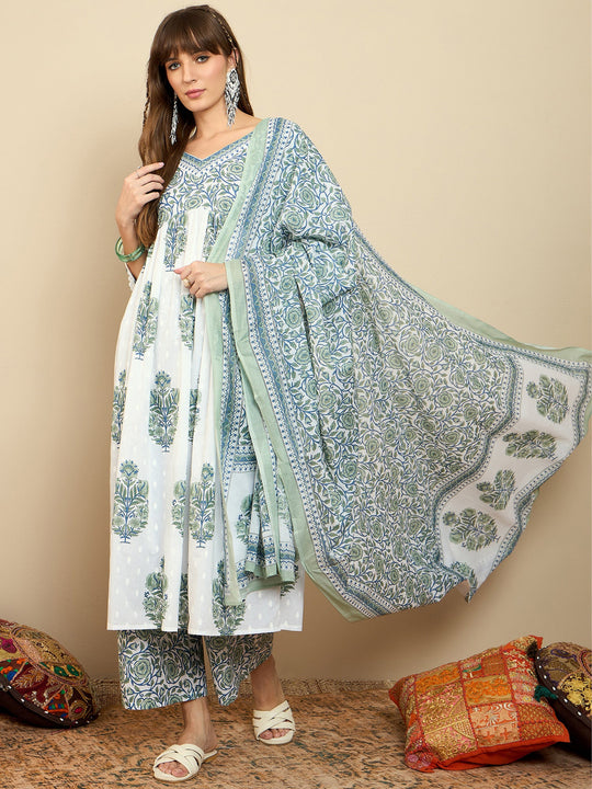 Indo Era White Printed A-Line Kurta Palazzos With Dupatta set
