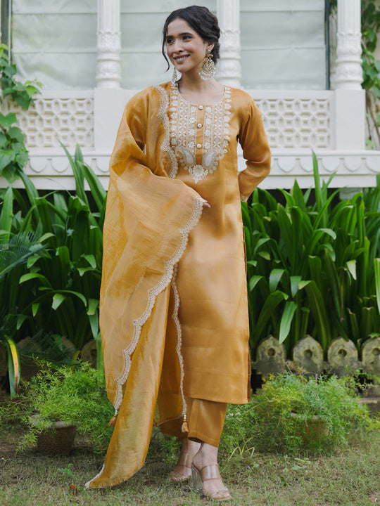 Indo Era Yellow Embroidered Straight Kurta Trousers With Dupatta set