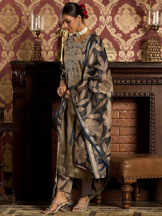 Blue Embroidered Straight Kurta Trousers With Dupatta