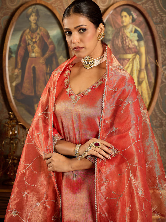 Indo Era Rust Embroidered Straight Kurta Trousers With Dupatta set