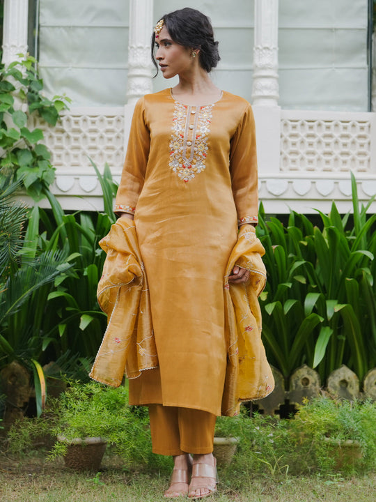 Indo Era Yellow Embroidered Straight Kurta Trousers With Dupatta set