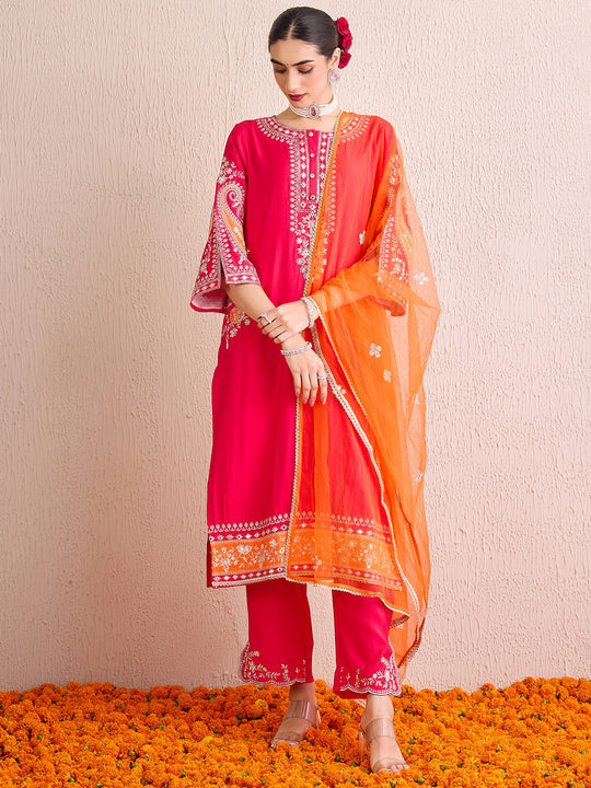 Indo Era Pink Embroidered Straight Kurta Trousers With Dupatta set