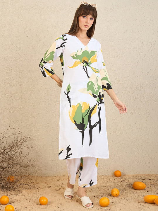 Indo Era White Printed Straight Kurta Trousers  set