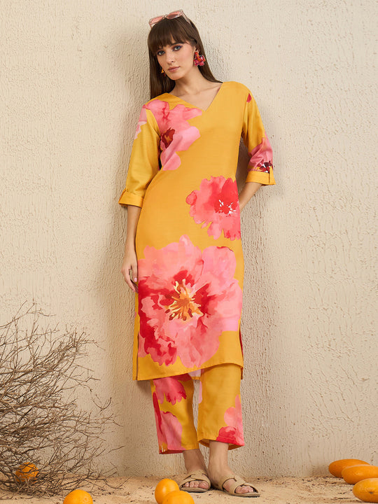 Indo Era Yellow Printed Straight Kurta Trousers Set