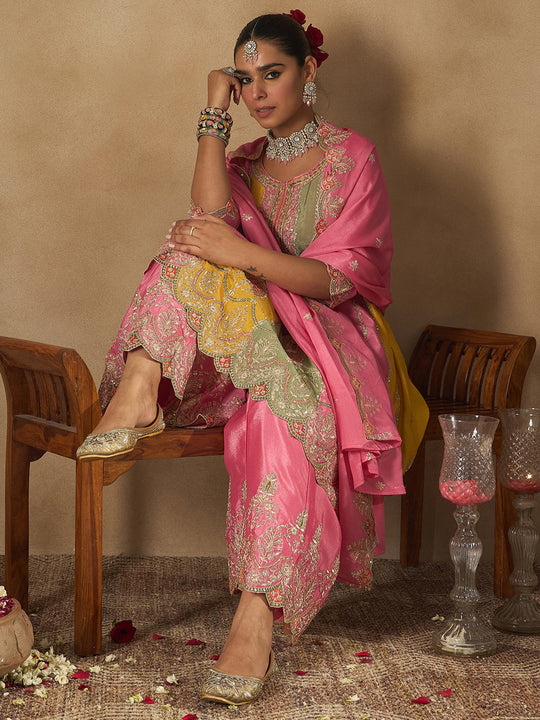 Indo Era Multi Embroidered A-Line Kurta Palazzos With Dupatta set