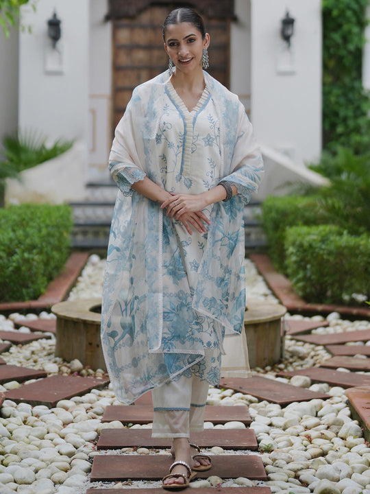 Off White Embroidered Straight Kurta Trousers With Dupatta