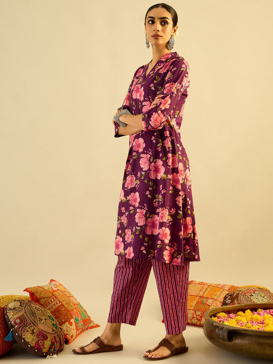 Indo Era Burgundy Printed A-Line Kurta Trousers Set