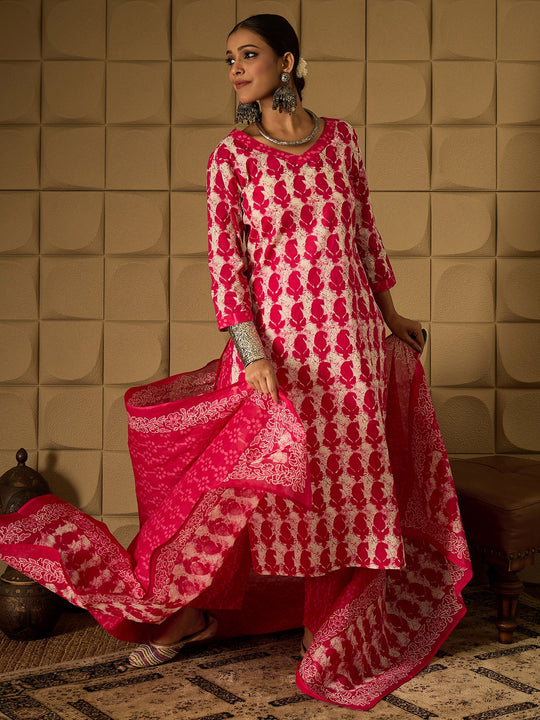 Indo Era Pink Printed Straight Kurta Trousers With Dupatta set