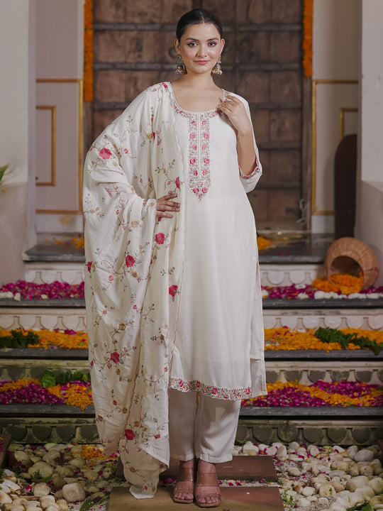 Indo Era White Embroidered Straight Kurta Trousers With Dupatta set