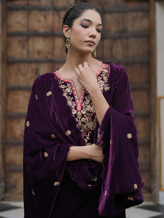 Indo Era Purple Embroidered Straight Kurta Trousers With Dupatta set
