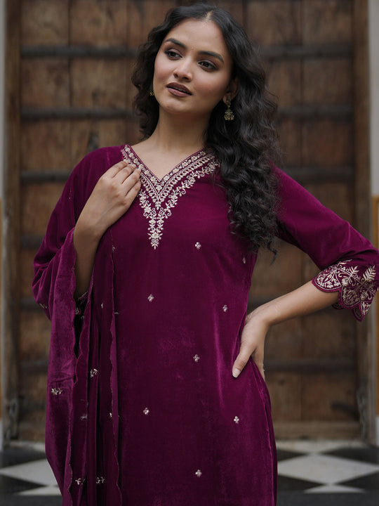 Indo Era Burgundy Embroidered Straight Kurta Trousers With Dupatta Set