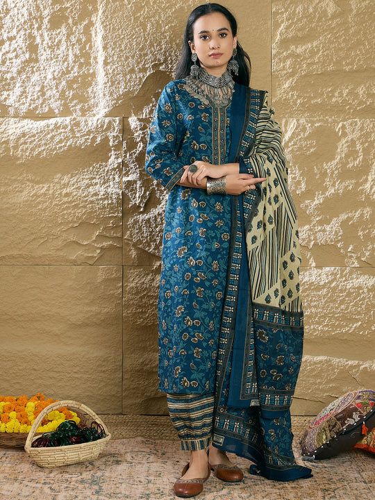 Teal Printed Straight Kurta Salwar With Dupatta