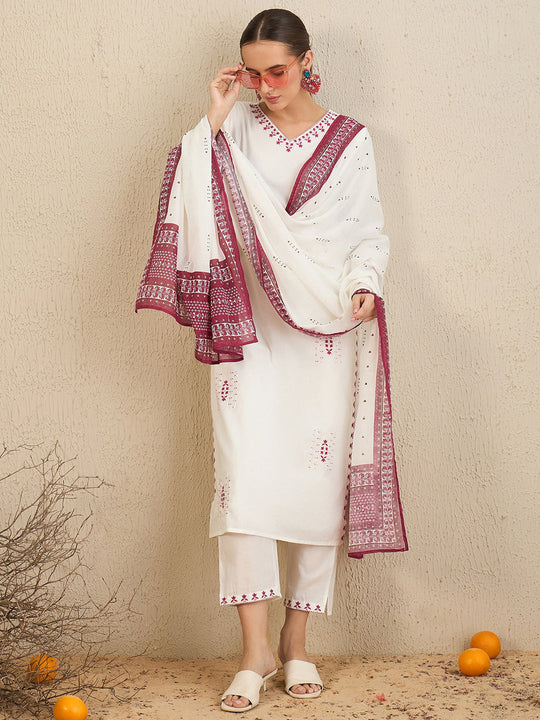 Indo Era White Embroidered Straight Kurta Trousers With Dupatta set