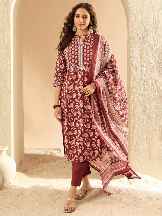 Indo Era Maroon Printed Straight Kurta Trousers With Dupatta set