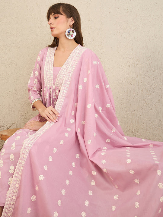 Indo Era Pink Embroidered A-Line Kurta Trousers With Dupatta set