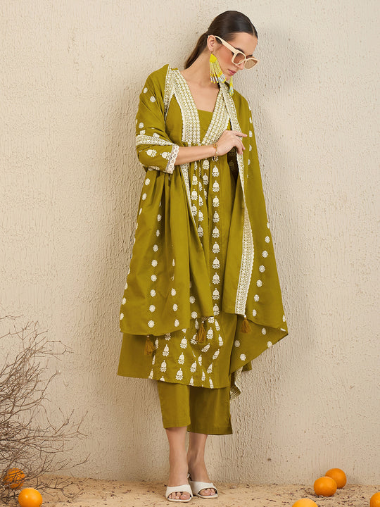 Indo Era Green Embroidered A-Line Kurta Trousers With Dupatta set