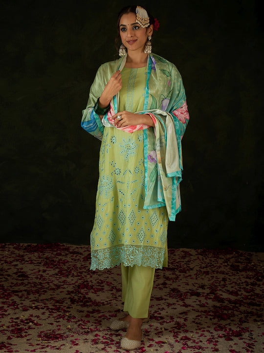 Green Embroidered Straight Kurta Trousers With Dupatta