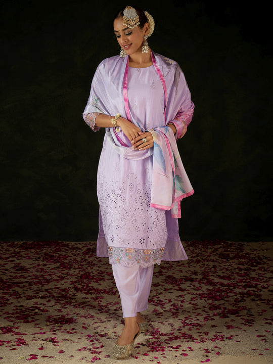 Indo Era Lavender Embroidered Straight Kurta Trousers With Dupatta set