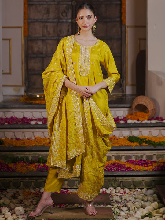 Indo Era Yellow Embroidered Straight Kurta Trousers With Dupatta set