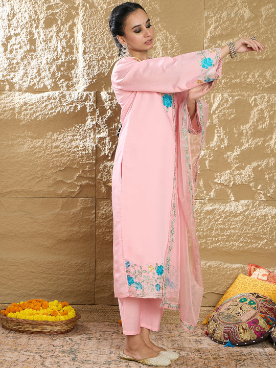 Indo Era Pink Embroidered Straight Kurta Trousers With Dupatta Set