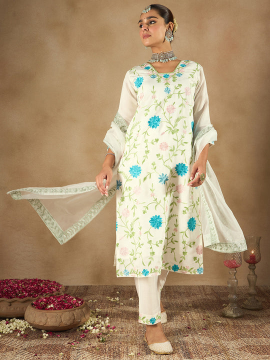 Indo Era White Embroidered Straight Kurta Trousers With Dupatta Set