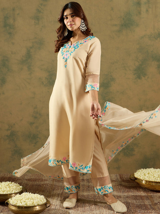 Indo Era Cream Embroidered Straight Kurta Trousers With Dupatta Set