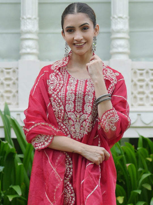 Indo Era Red Embroidered Straight Kurta Trousers With Dupatta set