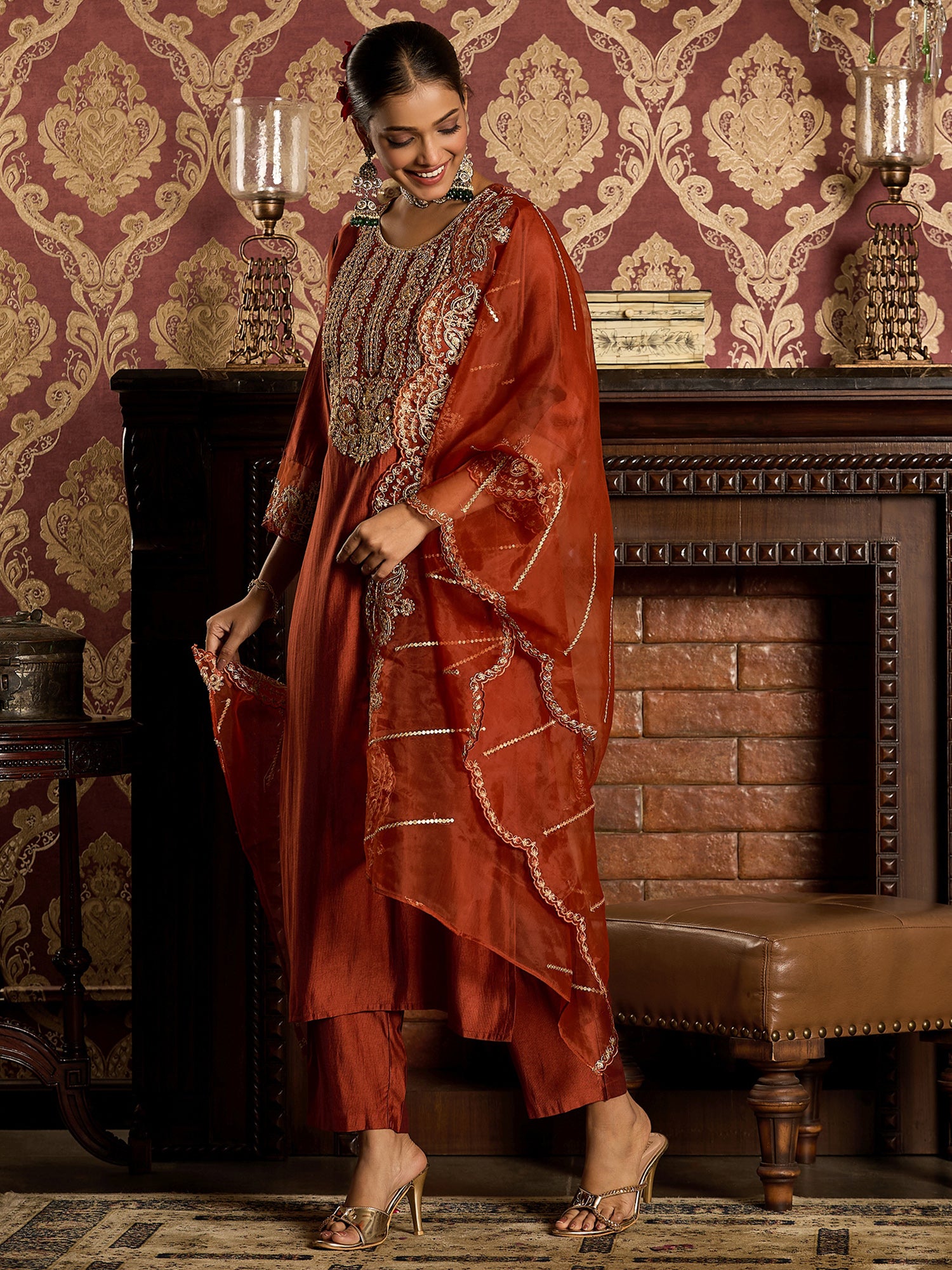 Rust Kurta Sets  For women,indo era, indoera, kurta set for women, women kurta set, women suit, summer wear for women, festive suit for women, mother's day outfit, dress for mother, mother's day special, heeramandi dress