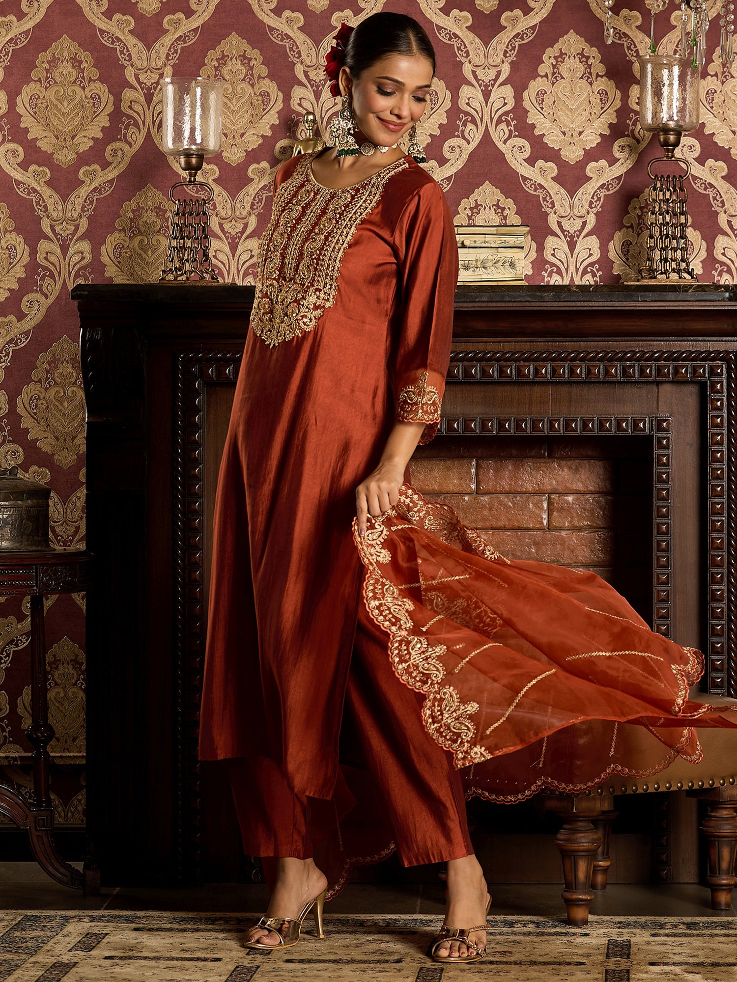 Rust Kurta Sets  For women,indo era, indoera, kurta set for women, women kurta set, women suit, summer wear for women, festive suit for women, mother's day outfit, dress for mother, mother's day special, heeramandi dress