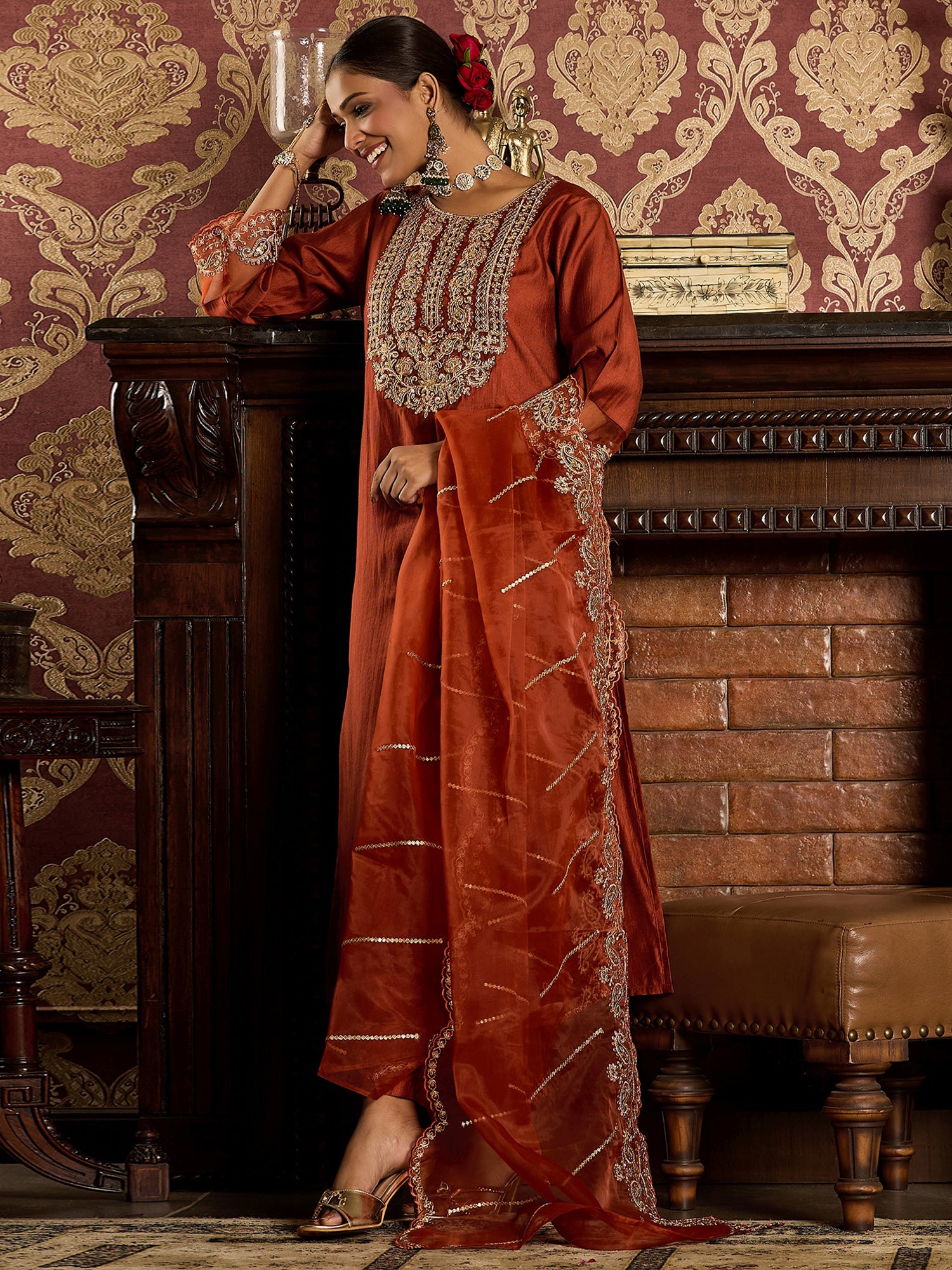 Rust Kurta Sets  For women,indo era, indoera, kurta set for women, women kurta set, women suit, summer wear for women, festive suit for women, mother's day outfit, dress for mother, mother's day special, heeramandi dress