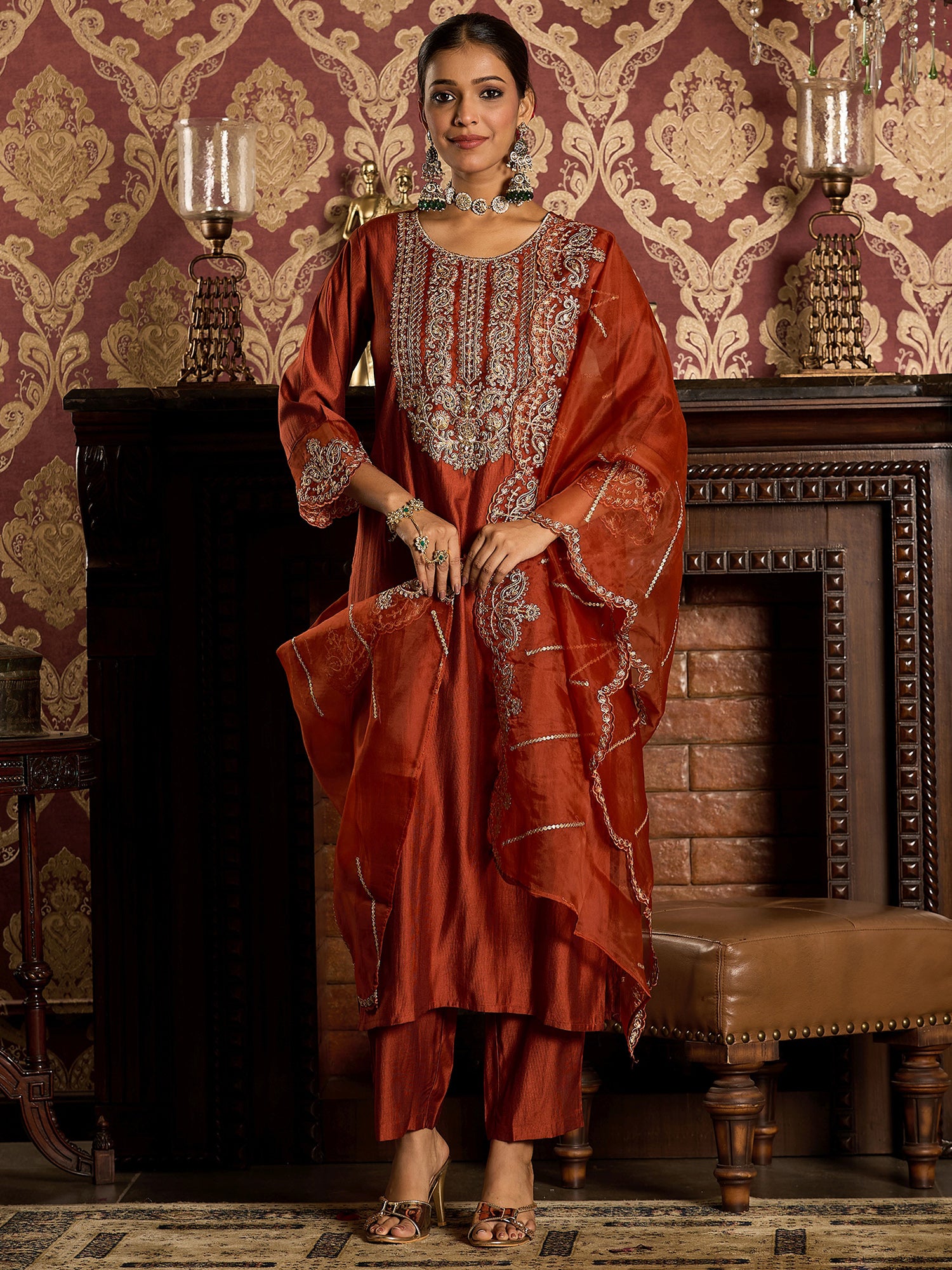 Rust Kurta Sets  For women,indo era, indoera, kurta set for women, women kurta set, women suit, summer wear for women, festive suit for women, mother's day outfit, dress for mother, mother's day special, heeramandi dress
