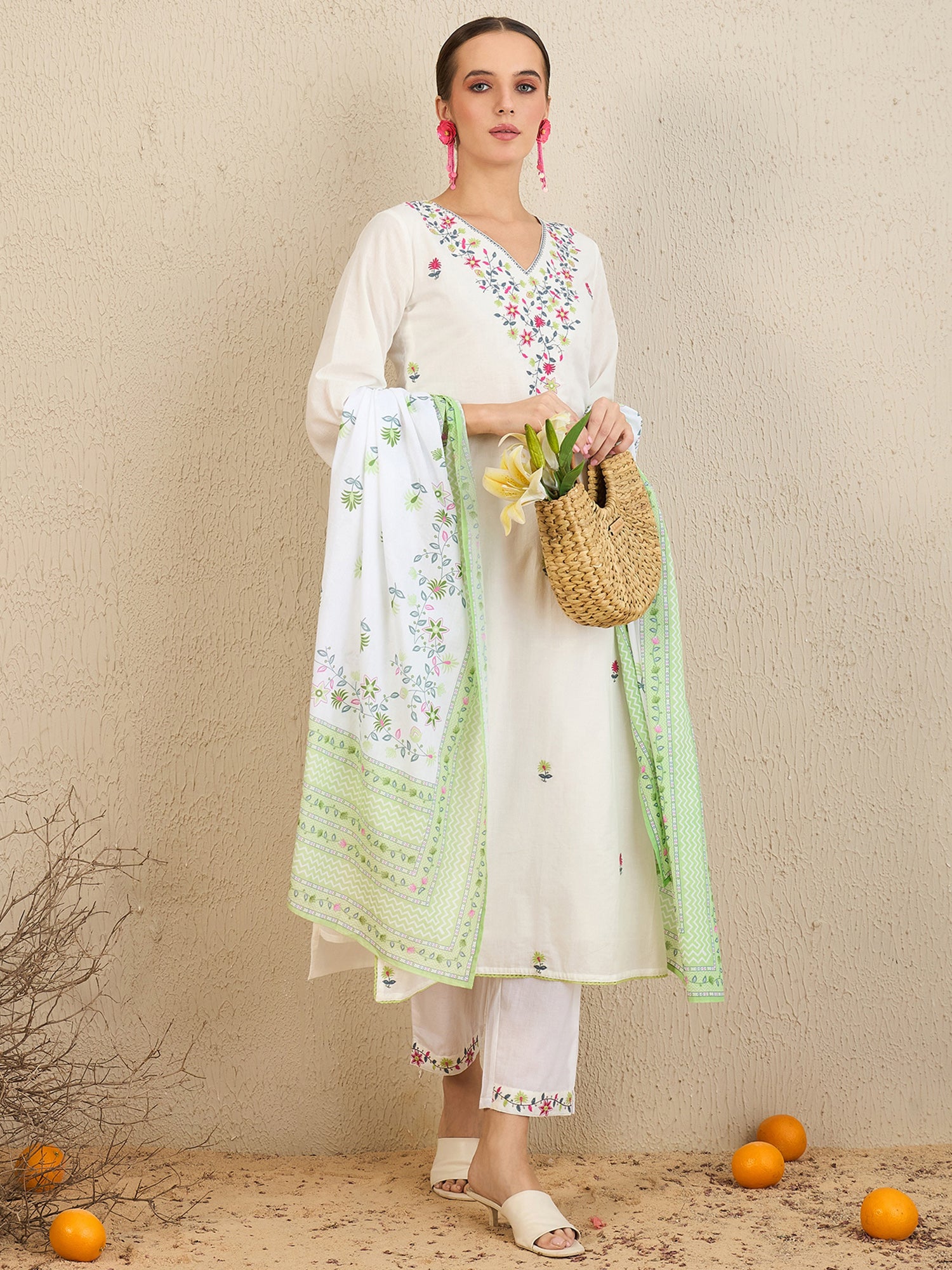 Women Grey Embroidered Pure Cotton Kurta Set main image 1