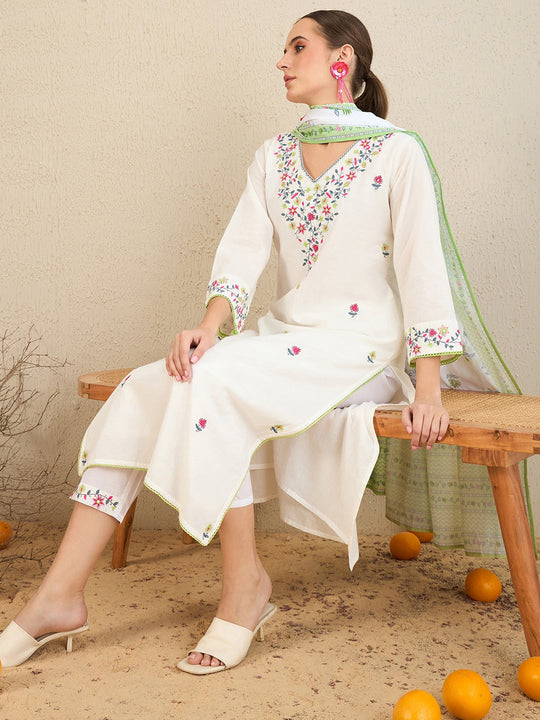 Indo Era White Embroidered Straight Kurta Trousers With Dupatta Set