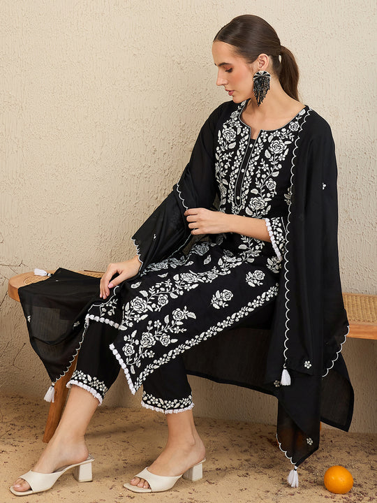 Indo Era Black Embroidered Straight Kurta Trousers With Dupatta set