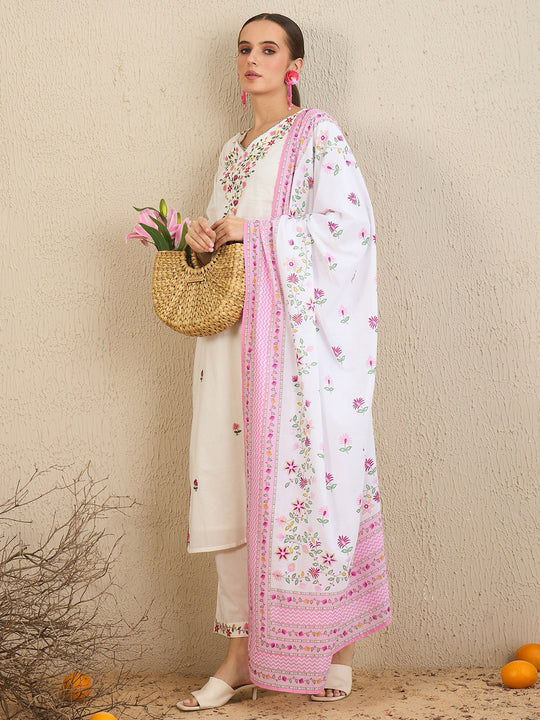 Indo Era White Embroidered Straight Kurta Trousers With Dupatta Set
