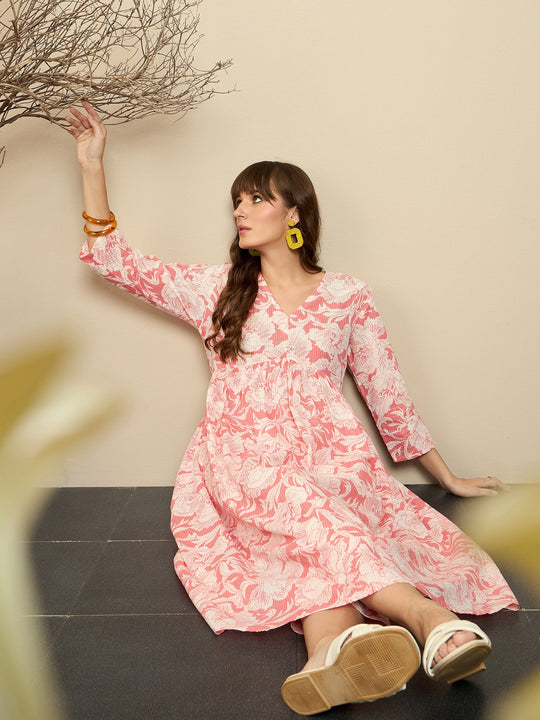 Peach Printed A-Line Kurta Trousers set