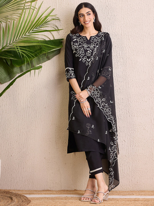 Indo Era Black Embroidered Straight Kurta Trousers With Dupatta Set