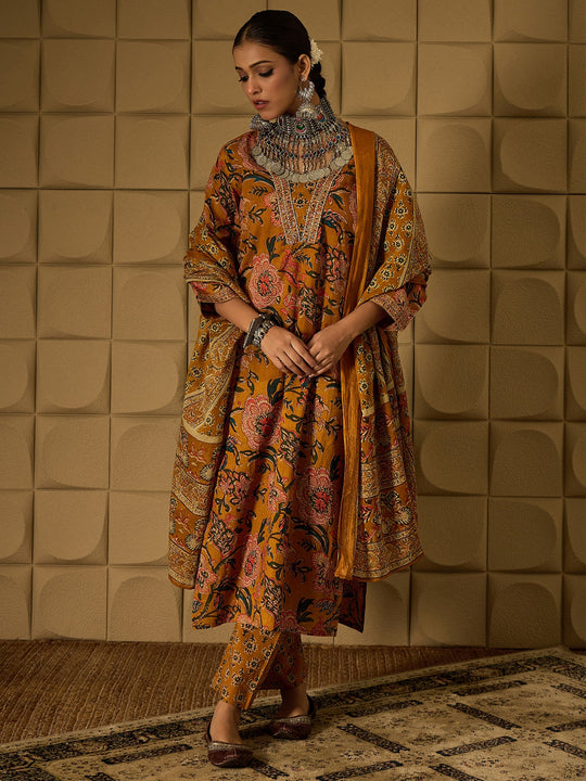 Indo Era Mustard Printed Straight Kurta Trousers With Dupatta Set