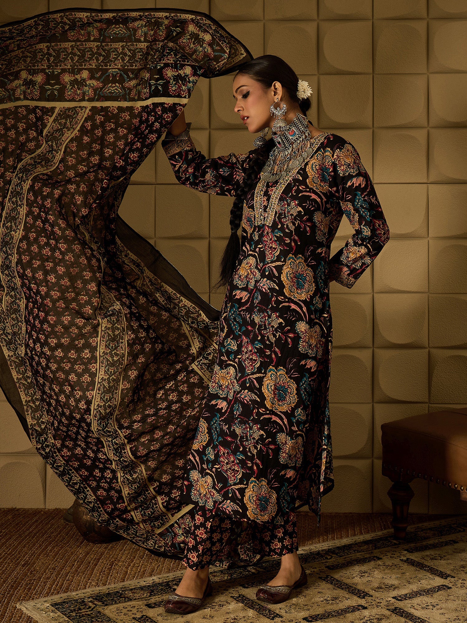 indo era, suit, kurta set for women, indo era kurta, kurta sets for ladies, summer dresses for women, 3 piece suit, cotton kurta set for women, new arrivals, women kurti plazo set, women in suit, kurta suit, floral kurta, short suit, spring summer, Black suit