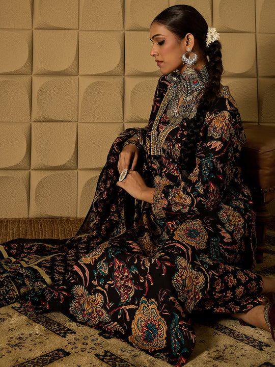 Indo Era Black Printed Straight Kurta Trousers With Dupatta
